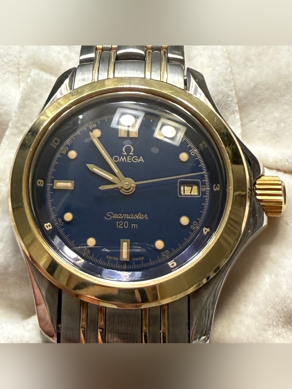 Omega Seamaster 120m Two-Tone 18k Gold & Steel Ladies Watch Box & Papers 7.5-8"